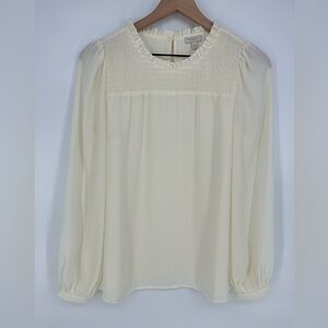 "NWT" Talbots Ivory Smocked Sheer Long Sleeve Blouse- Women's Small